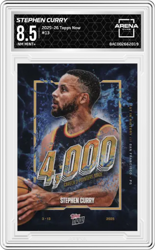 Stephen Curry from the 2025-26 Topps Now set graded by Arena Club and given an overall grade of 8.5.