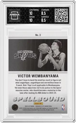 Victor Wembanyama from the 2023-24 Panini Donruss Elite set graded by Arena Club and given an overall grade of 9.