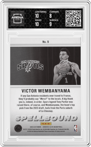 Victor Wembanyama from the 2023-24 Panini Donruss Elite set graded by Arena Club and given an overall grade of 8.5.