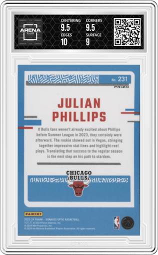 Julian Phillips from the 2023-24 Donruss Optic set featuring a Purple parallel graded by Arena Club and given an overall grade of 9.5.