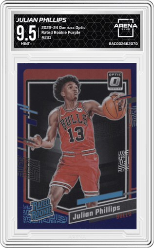 Julian Phillips from the 2023-24 Donruss Optic set featuring a Purple parallel graded by Arena Club and given an overall grade of 9.5.