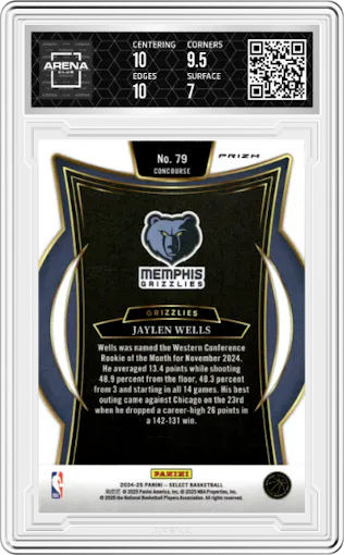 Jaylen Wells from the 2024-25 Panini Select set featuring a Scope Prizm parallel graded by Arena Club and given an overall grade of 7.5.