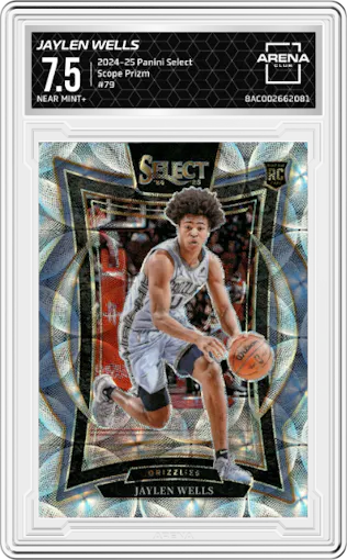 Jaylen Wells from the 2024-25 Panini Select set featuring a Scope Prizm parallel graded by Arena Club and given an overall grade of 7.5.