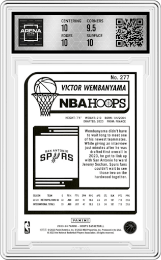 Victor Wembanyama from the 2023-24 Panini NBA Hoops set featuring a Winter parallel graded by Arena Club and given an overall grade of 10.