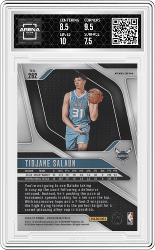 Tidjane Salaun from the 2024-25 Panini Prizm set featuring a Silver Prizm parallel graded by Arena Club and given an overall grade of 8.