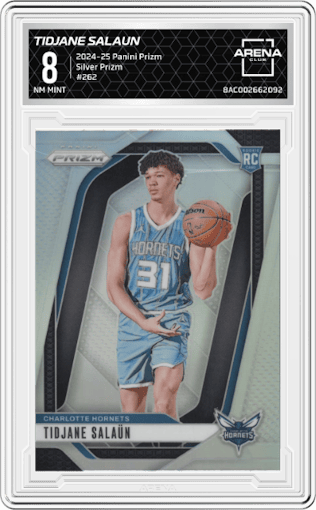 Tidjane Salaun from the 2024-25 Panini Prizm set featuring a Silver Prizm parallel graded by Arena Club and given an overall grade of 8.