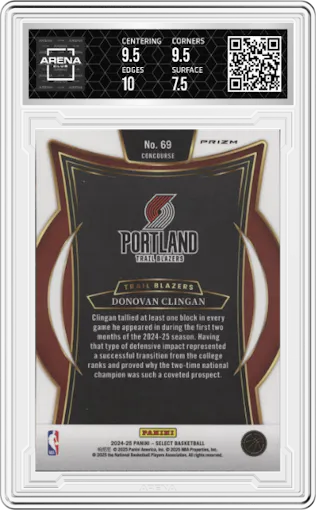 Donovan Clingan from the 2024-25 Panini Select set featuring a Green Mojo parallel graded by Arena Club and given an overall grade of 8.
