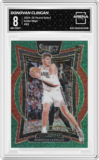 Donovan Clingan from the 2024-25 Panini Select set featuring a Green Mojo parallel graded by Arena Club and given an overall grade of 8.