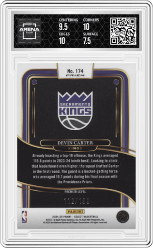 Devin Carter from the 2024-25 Panini Select set featuring a Red Prizm parallel graded by Arena Club and given an overall grade of 8.