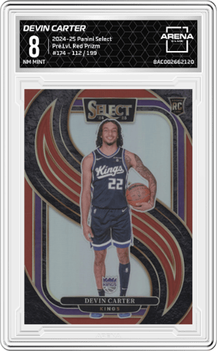 Devin Carter from the 2024-25 Panini Select set featuring a Red Prizm parallel graded by Arena Club and given an overall grade of 8.