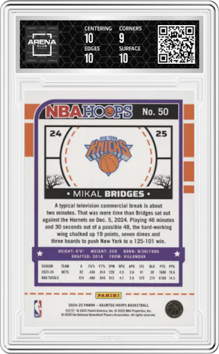 Mikal Bridges from the 2024-25 Panini Haunted Hoops set featuring a Holo Webs parallel graded by Arena Club and given an overall grade of 9.5.