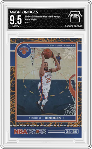 Mikal Bridges from the 2024-25 Panini Haunted Hoops set featuring a Holo Webs parallel graded by Arena Club and given an overall grade of 9.5.