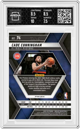 Cade Cunningham from the 2024-25 Panini Mosaic set featuring a Choice Blue Mosaic parallel graded by Arena Club and given an overall grade of 8.