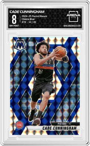 Cade Cunningham from the 2024-25 Panini Mosaic set featuring a Choice Blue Mosaic parallel graded by Arena Club and given an overall grade of 8.