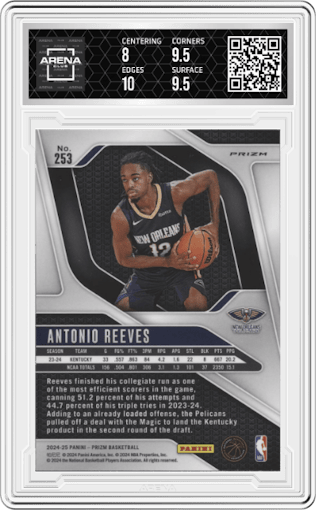 Antonio Reeves from the 2024-25 Panini Prizm set featuring a Red Ice parallel graded by Arena Club and given an overall grade of 8.5.