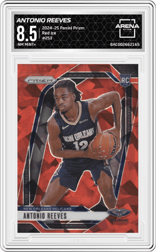 Antonio Reeves from the 2024-25 Panini Prizm set featuring a Red Ice parallel graded by Arena Club and given an overall grade of 8.5.