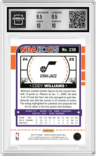 Cody Williams from the 2024-25 Panini Haunted Hoops set featuring a Orange parallel graded by Arena Club and given an overall grade of 10.
