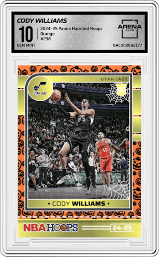 Cody Williams from the 2024-25 Panini Haunted Hoops set featuring a Orange parallel graded by Arena Club and given an overall grade of 10.