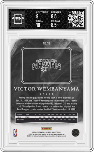 Victor Wembanyama from the 2024-25 Panini Origins set featuring a Pink parallel graded by Arena Club and given an overall grade of 9.