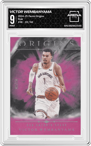 Victor Wembanyama from the 2024-25 Panini Origins set featuring a Pink parallel graded by Arena Club and given an overall grade of 9.