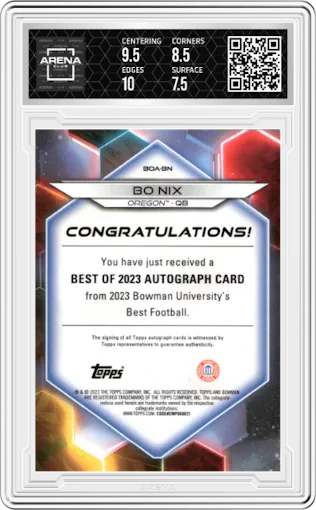 Bo Nix from the 2023 Bowman University's Best  set featuring a Gold Geometric Refractor parallel graded by Arena Club and given an overall grade of 8.