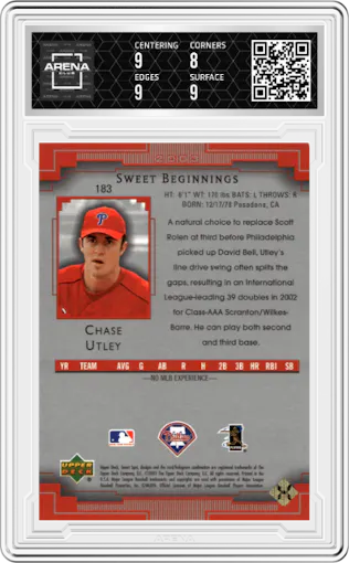 Chase Utley from the 2003 Upper Deck Sweet Spot set graded by Arena Club and given an overall grade of 8.5.
