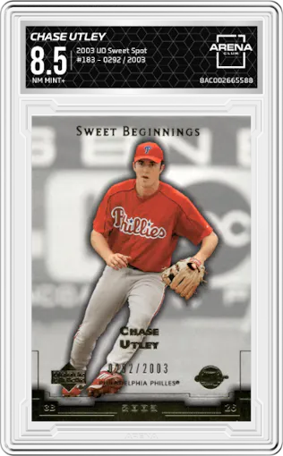 Chase Utley from the 2003 Upper Deck Sweet Spot set graded by Arena Club and given an overall grade of 8.5.