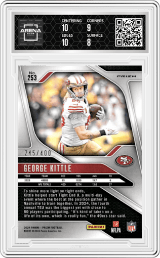 George Kittle from the 2024 Panini Prizm set featuring a Pandora parallel graded by Arena Club and given an overall grade of 8.5.
