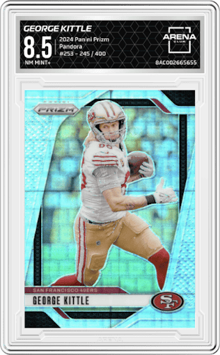 George Kittle from the 2024 Panini Prizm set featuring a Pandora parallel graded by Arena Club and given an overall grade of 8.5.