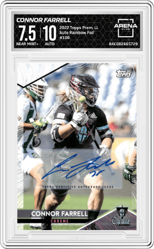 Connor Farrell  from the 2022 Topps Premier Lacrosse League set featuring a Rainbow Foil parallel graded by Arena Club and given an overall grade of 7.5.