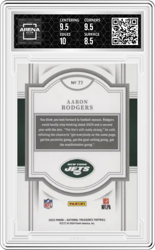 Aaron Rodgers from the 2023 Panini National Treasures set featuring a Emerald parallel graded by Arena Club and given an overall grade of 9.