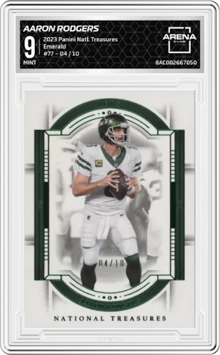 Aaron Rodgers from the 2023 Panini National Treasures set featuring a Emerald parallel graded by Arena Club and given an overall grade of 9.