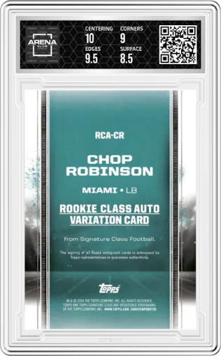 Chop Robinson from the 2024 Topps Signature Class set featuring a Teal parallel graded by Arena Club and given an overall grade of 9.