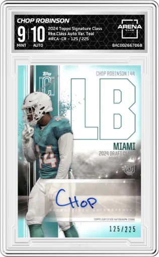 Chop Robinson from the 2024 Topps Signature Class set featuring a Teal parallel graded by Arena Club and given an overall grade of 9.