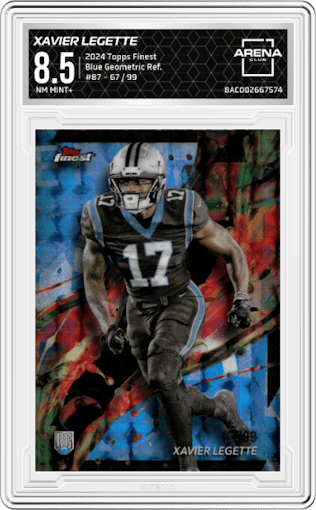 Xavier Legette from the 2024 Finest set featuring a Blue Geometric Refractor parallel graded by Arena Club and given an overall grade of 8.5.
