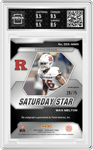 Max Melton from the 2024 Panini Prizm Draft Picks set featuring a Blue Ice parallel graded by Arena Club and given an overall grade of 9.