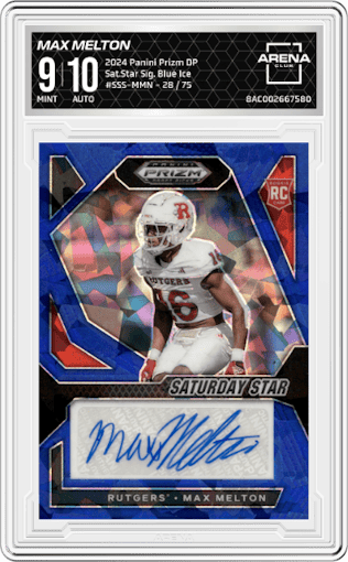 Max Melton from the 2024 Panini Prizm Draft Picks set featuring a Blue Ice parallel graded by Arena Club and given an overall grade of 9.