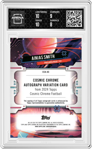 Ainias Smith from the 2024 Topps Cosmic Chrome set featuring a Orange Galactic Refractor parallel graded by Arena Club and given an overall grade of 8.5.