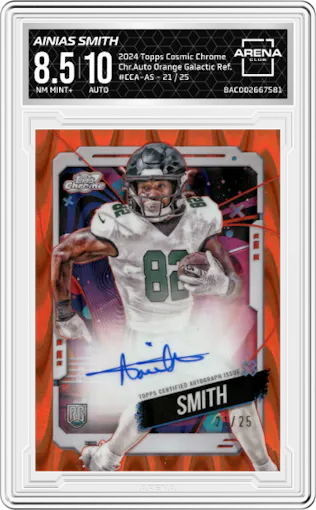 Ainias Smith from the 2024 Topps Cosmic Chrome set featuring a Orange Galactic Refractor parallel graded by Arena Club and given an overall grade of 8.5.
