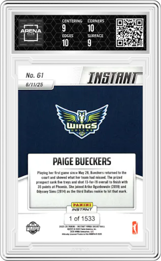 Paige Bueckers from the 2025-26 Panini Instant WNBA set graded by Arena Club and given an overall grade of 9.5.