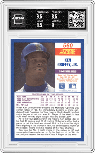 Ken Griffey Jr. from the 1990 Score set graded by Arena Club and given an overall grade of 9.