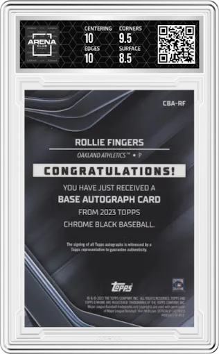 Rollie Fingers from the 2023 Topps Chrome Black set graded by Arena Club and given an overall grade of 9.