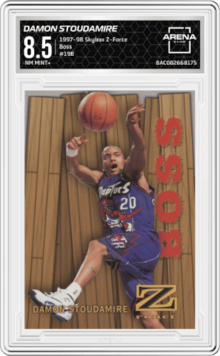 Damon Stoudamire from the 1997-98 Skybox Z-Force set graded by Arena Club and given an overall grade of 8.5.