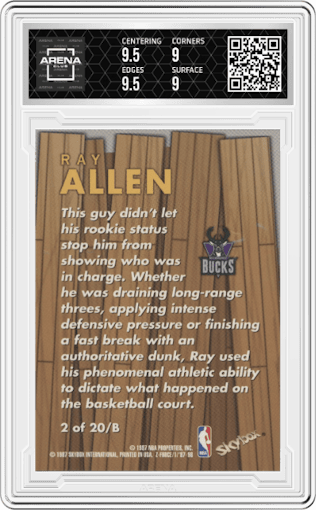 Ray Allen from the 1997-98 Skybox Z-Force set graded by Arena Club and given an overall grade of 9.5.