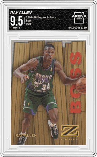 Ray Allen from the 1997-98 Skybox Z-Force set graded by Arena Club and given an overall grade of 9.5.