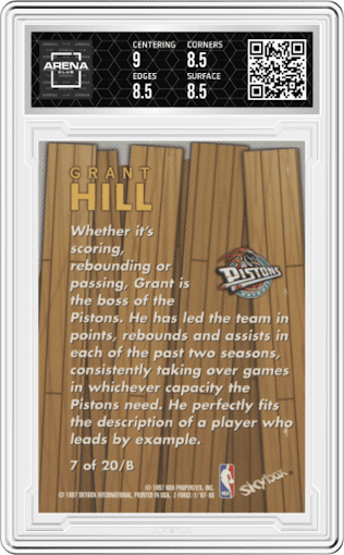 Grant Hill from the 1997-98 Skybox Z-Force set graded by Arena Club and given an overall grade of 8.5.