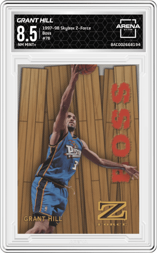 Grant Hill from the 1997-98 Skybox Z-Force set graded by Arena Club and given an overall grade of 8.5.