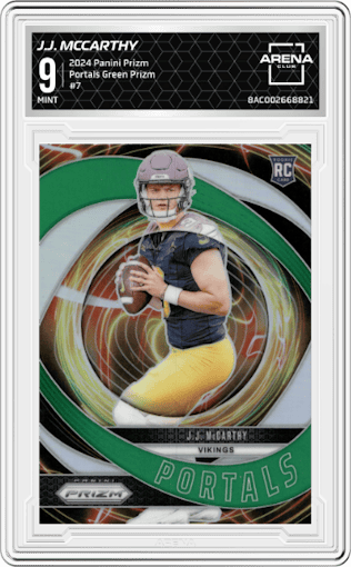 J.J. McCarthy from the 2024 Panini Prizm set featuring a Green Prizm parallel graded by Arena Club and given an overall grade of 9.