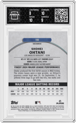 Shohei Ohtani from the 2025 Topps Finest set graded by Arena Club and given an overall grade of 8.5.