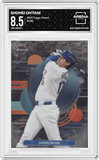 Shohei Ohtani from the 2025 Topps Finest set graded by Arena Club and given an overall grade of 8.5.